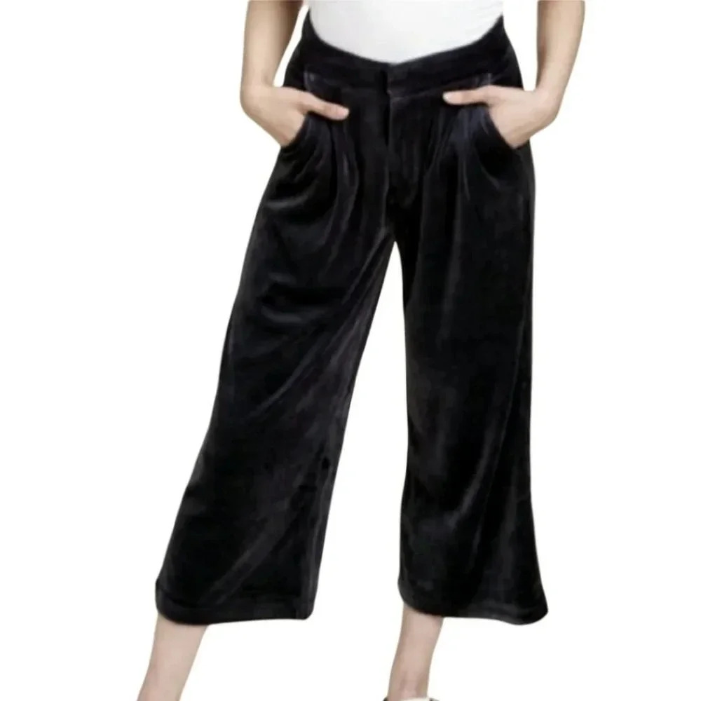 Juicy Couture Velvet Velour Wide Leg Trouser Cropped Pants Pitch Black Small